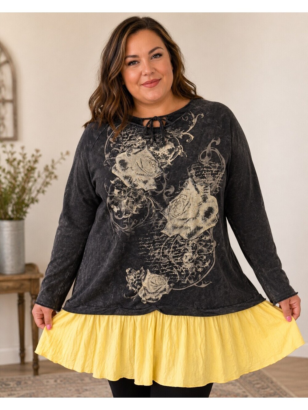 Yocal Black and Yellow Floral Long Sleeve Tunic Dress Size Plus